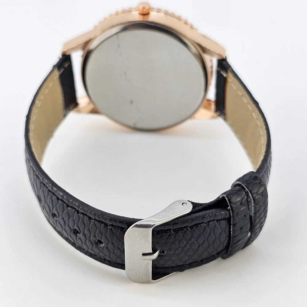 41MM Women Watch Cream Dial‎ Crystal Bezels Black Faux Leather Bands NEW Battery